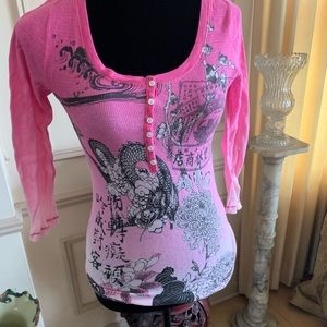 Lucky Tees VTG Y2K Ribbed Fitted Pink Oriental Print Henley Top Size S